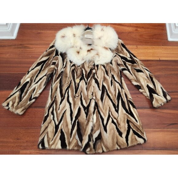 Vintage Marie Enny Real Mink Fur Coat Genuine FoxFur Collar Tiger Stripe Pattern - Picture 3 of 16